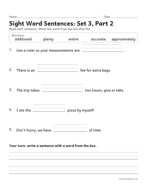Preview of the printable “5th grade sight word Sentences: set 3, part 2” worksheet: choosing the high-frequency word that fits a sentence (approximately, entire, plenty, accurate, additional)