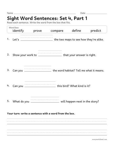 Preview of the printable “5th grade sight word Sentences: set 4, part 1” worksheet: choosing the high-frequency word that fits a sentence (compare, define, identify, predict, prove)