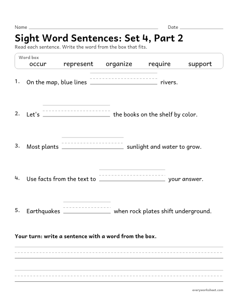 Preview of the printable “5th grade sight word Sentences: set 4, part 2” worksheet: choosing the high-frequency word that fits a sentence (support, represent, organize, require, occur)
