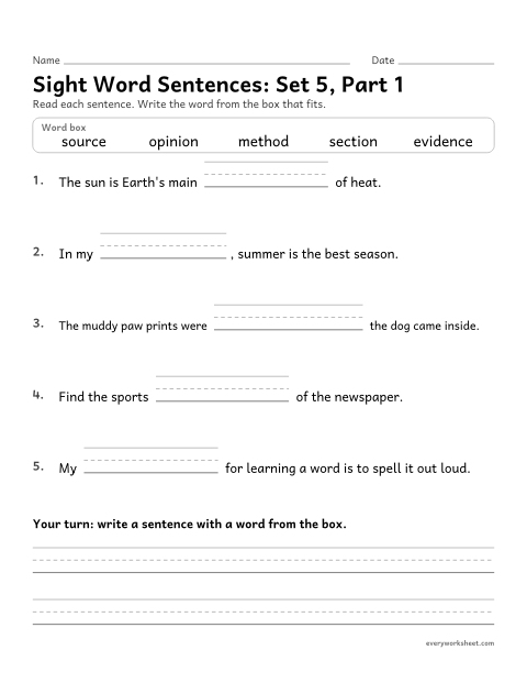 Preview of the printable “5th grade sight word Sentences: set 5, part 1” worksheet: choosing the high-frequency word that fits a sentence (evidence, opinion, method, source, section)
