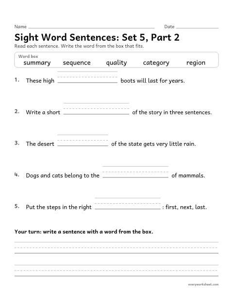 Preview of the printable “5th grade sight word Sentences: set 5, part 2” worksheet: choosing the high-frequency word that fits a sentence (summary, quality, region, sequence, category)