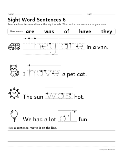 Preview of the printable “Sight word sentences 6: are, was, of, have, they” worksheet: reading sentences with the sight words are, was, of, have, they and tracing them