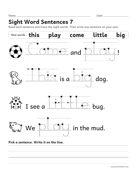 Preview of the printable “Sight word sentences 7: this, play, come, little, big” worksheet: reading sentences with the sight words this, play, come, little, big and tracing them