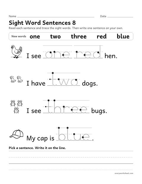 Preview of the printable “Sight word sentences 8: one, two, three, red, blue” worksheet: reading sentences with the sight words one, two, three, red, blue and tracing them
