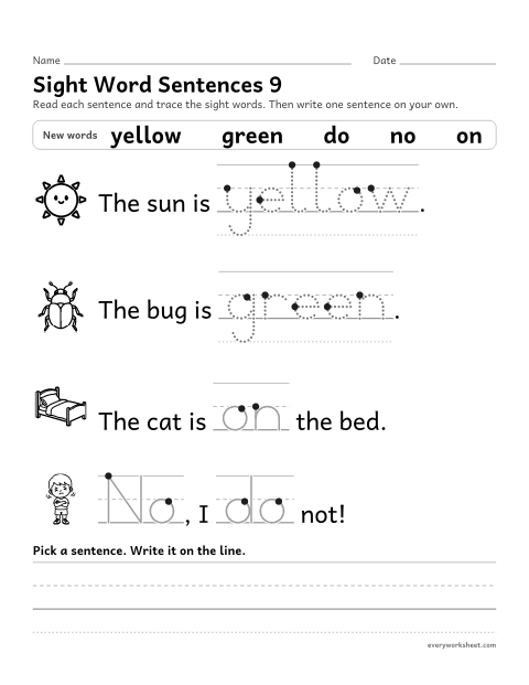 Preview of the printable “Sight word sentences 9: yellow, green, do, no, on” worksheet: reading sentences with the sight words yellow, green, do, no, on and tracing them