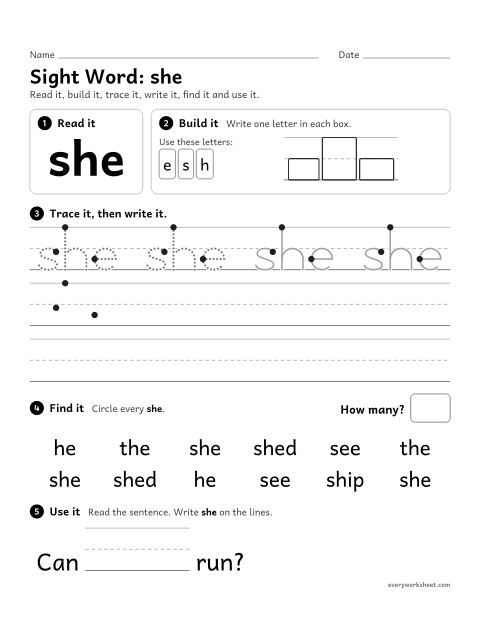 Preview of the printable “Sight Word: she” worksheet: reading and writing the sight word "she"