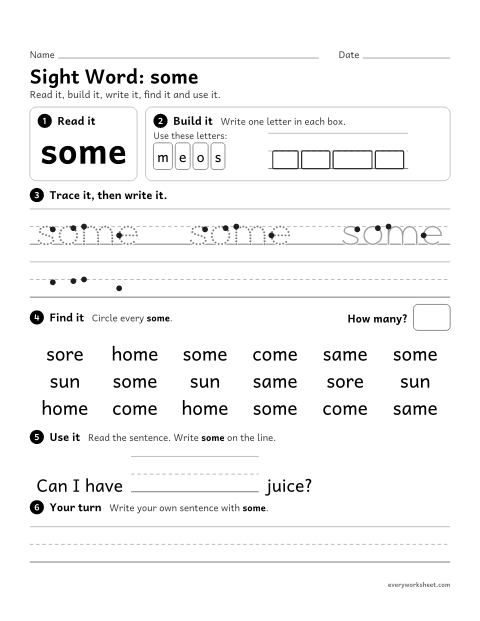 Preview of the printable “1st grade sight Word: some” worksheet: reading, building, writing and finding the sight word "some"