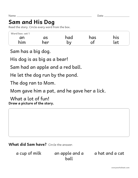 Preview of the printable “Sight word Story: sam and his dog” worksheet: finding the set 1 sight words in a short story and answering a question