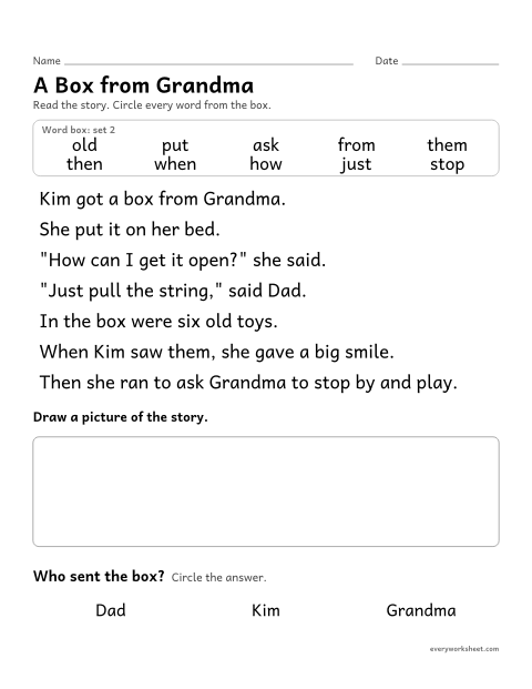 Preview of the printable “Sight word Story: A box from grandma” worksheet: finding the set 2 sight words in a short story and answering a question
