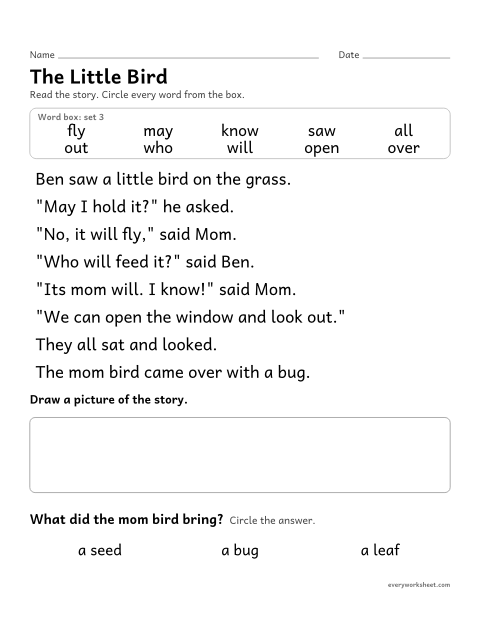 Preview of the printable “Sight word Story: the little bird” worksheet: finding the set 3 sight words in a short story and answering a question