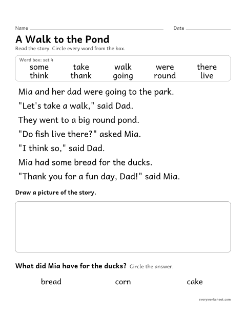 Preview of the printable “Sight word Story: A walk to the pond” worksheet: finding the set 4 sight words in a short story and answering a question