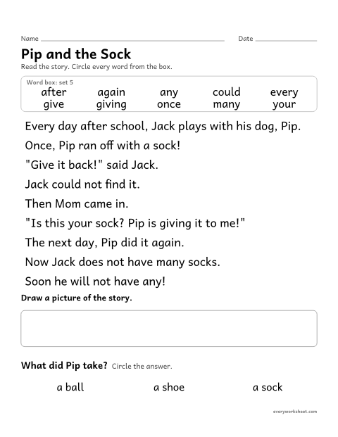 Preview of the printable “Sight word Story: pip and the sock” worksheet: finding the set 5 sight words in a short story and answering a question