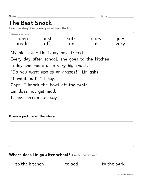 Preview of the printable “2nd grade sight word Story: the best snack” worksheet: finding the set 1 sight words in a short story and answering a question