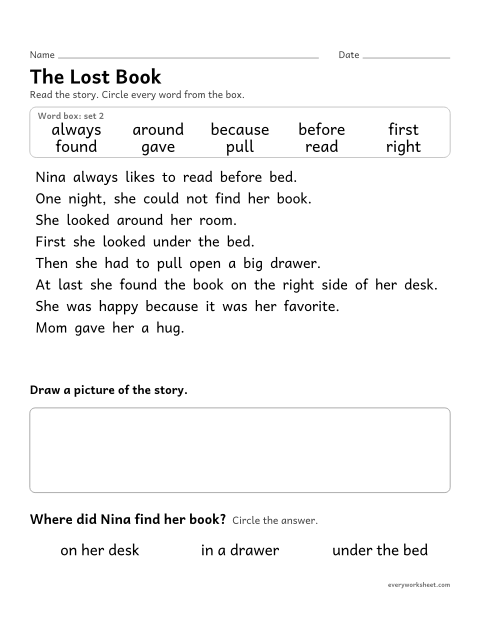 Preview of the printable “2nd grade sight word Story: the lost book” worksheet: finding the set 2 sight words in a short story and answering a question