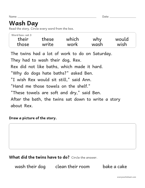Preview of the printable “2nd grade sight word Story: wash day” worksheet: finding the set 3 sight words in a short story and answering a question