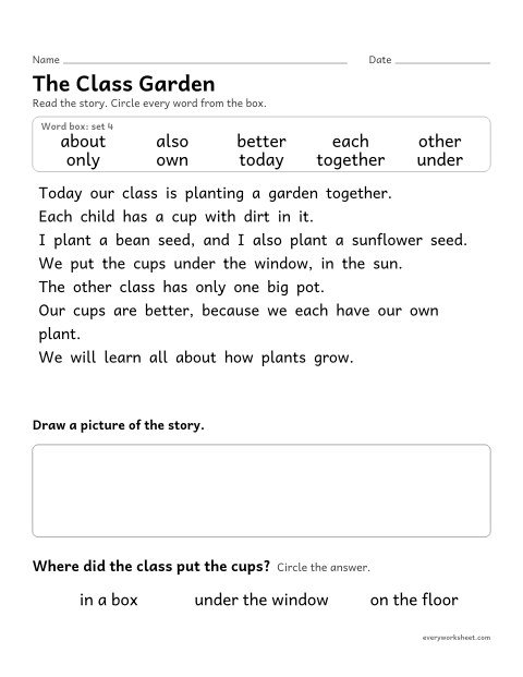 Preview of the printable “2nd grade sight word Story: the class garden” worksheet: finding the set 4 sight words in a short story and answering a question