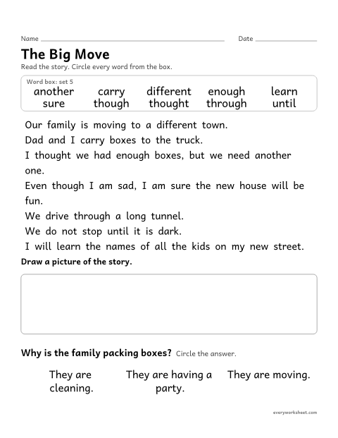Preview of the printable “2nd grade sight word Story: the big move” worksheet: finding the set 5 sight words in a short story and answering a question