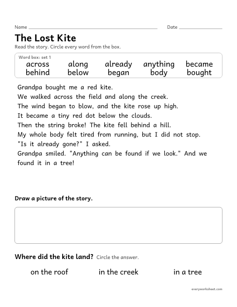 Preview of the printable “3rd grade sight word Story: the lost kite” worksheet: finding the set 1 sight words in a short story and answering a question