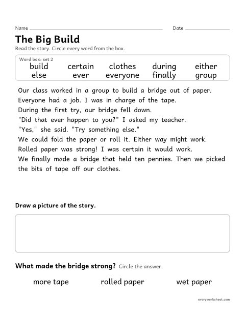 Preview of the printable “3rd grade sight word Story: the big build” worksheet: finding the set 2 sight words in a short story and answering a question