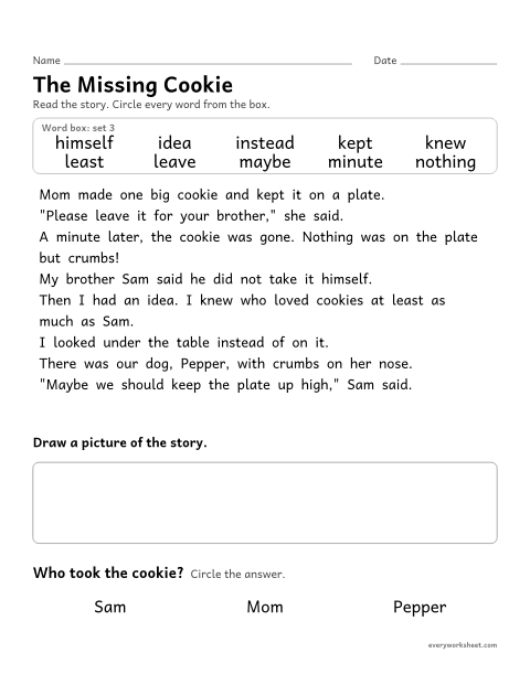 Preview of the printable “3rd grade sight word Story: the missing cookie” worksheet: finding the set 3 sight words in a short story and answering a question
