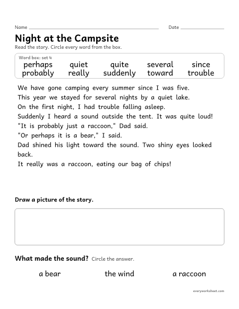 Preview of the printable “3rd grade sight word Story: night at the campsite” worksheet: finding the set 4 sight words in a short story and answering a question