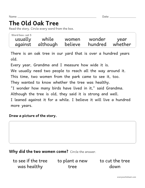 Preview of the printable “3rd grade sight word Story: the old oak tree” worksheet: finding the set 5 sight words in a short story and answering a question