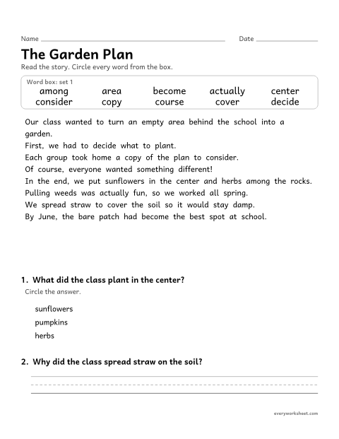 Preview of the printable “4th grade sight word Story: the garden plan” worksheet: finding the set 1 sight words in a short story and answering two questions