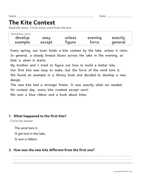 Preview of the printable “4th grade sight word Story: the kite contest” worksheet: finding the set 2 sight words in a short story and answering two questions