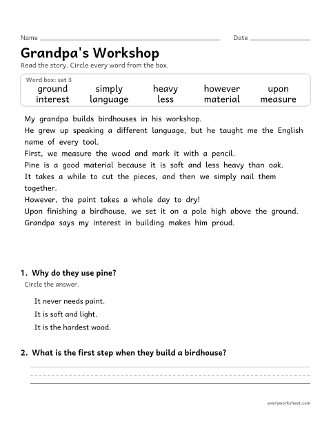 Preview of the printable “4th grade sight word Story: Grandpa's workshop” worksheet: finding the set 3 sight words in a short story and answering two questions
