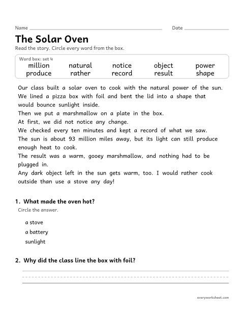 Preview of the printable “4th grade sight word Story: the solar oven” worksheet: finding the set 4 sight words in a short story and answering two questions
