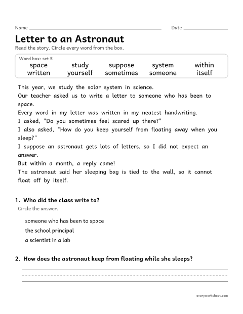 Preview of the printable “4th grade sight word Story: letter to an astronaut” worksheet: finding the set 5 sight words in a short story and answering two questions