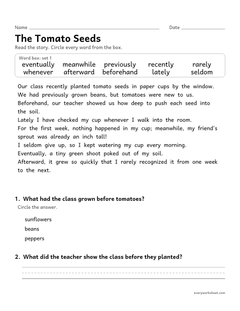 Preview of the printable “5th grade sight word Story: the tomato seeds” worksheet: finding the set 1 high-frequency words in a short story and answering two questions