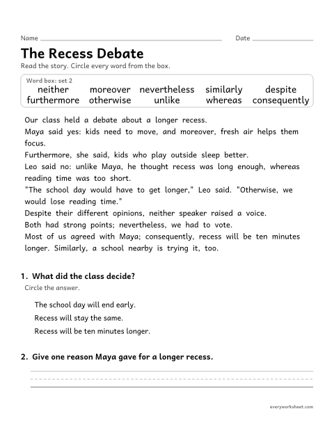 Preview of the printable “5th grade sight word Story: the recess debate” worksheet: finding the set 2 high-frequency words in a short story and answering two questions