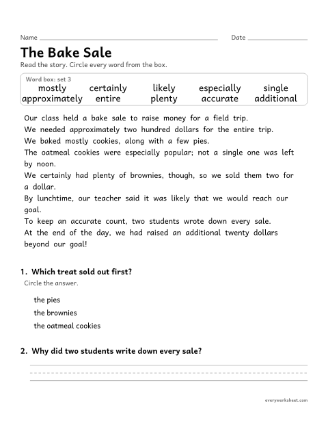 Preview of the printable “5th grade sight word Story: the bake sale” worksheet: finding the set 3 high-frequency words in a short story and answering two questions