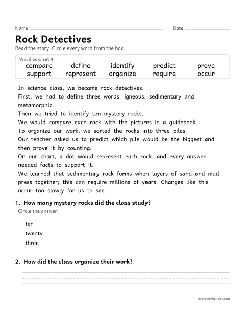 Preview of the printable “5th grade sight word Story: rock detectives” worksheet: finding the set 4 high-frequency words in a short story and answering two questions