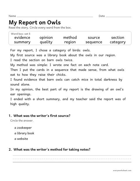 Preview of the printable “5th grade sight word Story: my report on owls” worksheet: finding the set 5 high-frequency words in a short story and answering two questions