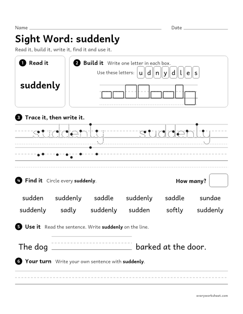 Preview of the printable “3rd grade sight Word: suddenly” worksheet: reading, spelling, writing and finding the sight word "suddenly"
