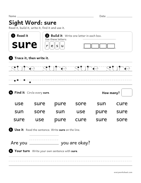 Preview of the printable “2nd grade sight Word: sure” worksheet: reading, building, writing and finding the sight word "sure"