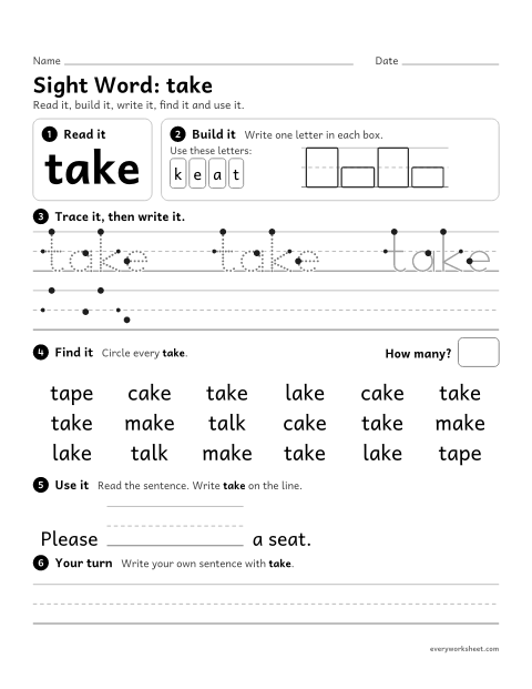Preview of the printable “1st grade sight Word: take” worksheet: reading, building, writing and finding the sight word "take"
