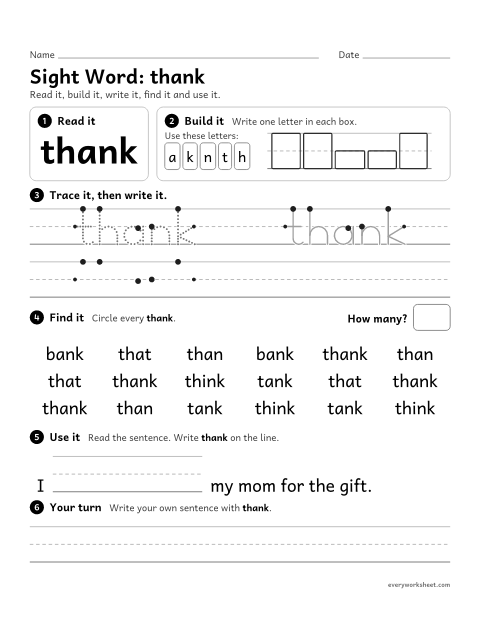 Preview of the printable “1st grade sight Word: thank” worksheet: reading, building, writing and finding the sight word "thank"