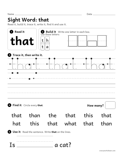 Preview of the printable “Sight Word: that” worksheet: reading and writing the sight word "that"