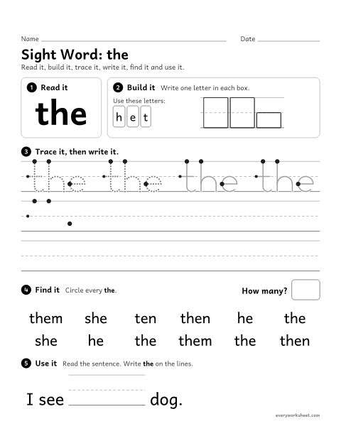 Preview of the printable “Sight Word: the” worksheet: reading and writing the sight word "the"