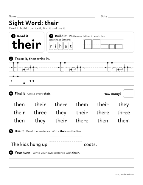 Preview of the printable “2nd grade sight Word: their” worksheet: reading, building, writing and finding the sight word "their"