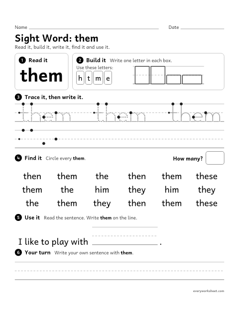 Preview of the printable “1st grade sight Word: them” worksheet: reading, building, writing and finding the sight word "them"