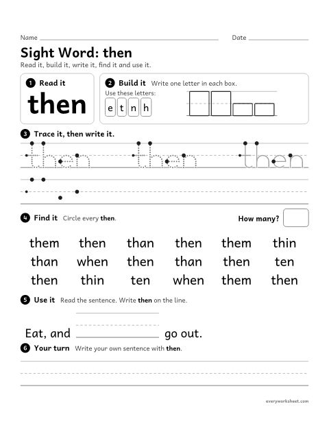 Preview of the printable “1st grade sight Word: then” worksheet: reading, building, writing and finding the sight word "then"