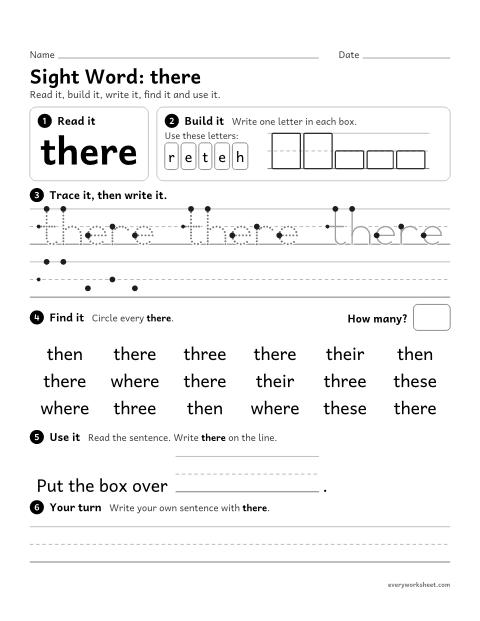 Preview of the printable “1st grade sight Word: there” worksheet: reading, building, writing and finding the sight word "there"