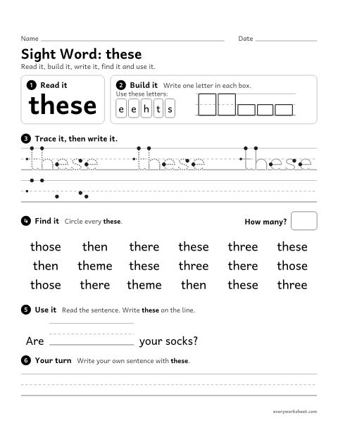Preview of the printable “2nd grade sight Word: these” worksheet: reading, building, writing and finding the sight word "these"