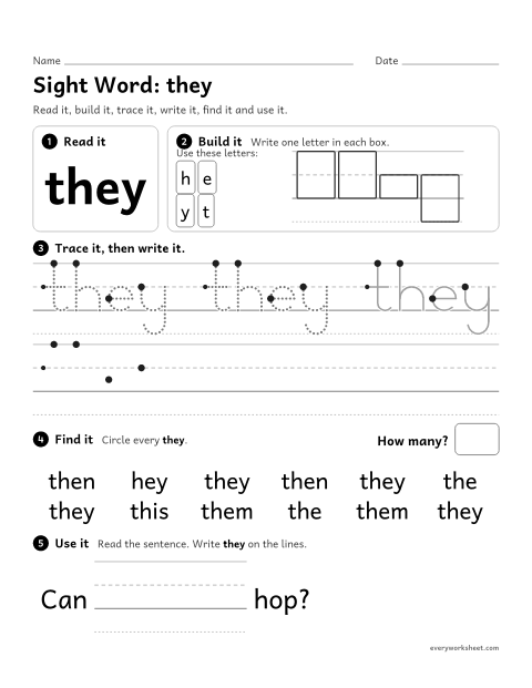 Preview of the printable “Sight Word: they” worksheet: reading and writing the sight word "they"