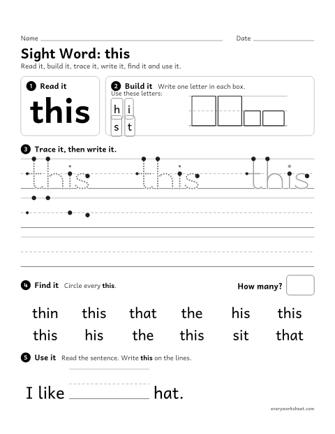 Preview of the printable “Sight Word: this” worksheet: reading and writing the sight word "this"