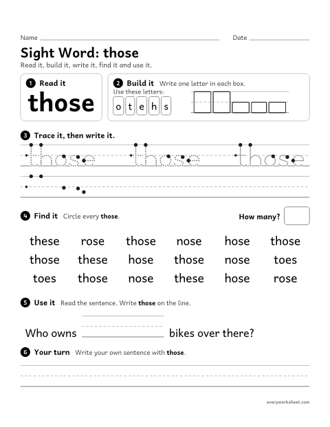 Preview of the printable “2nd grade sight Word: those” worksheet: reading, building, writing and finding the sight word "those"